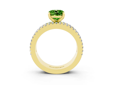 Yellow gold Cushion Cut Peridot Solitaire Ring with Pavé and Channel Set Band_3