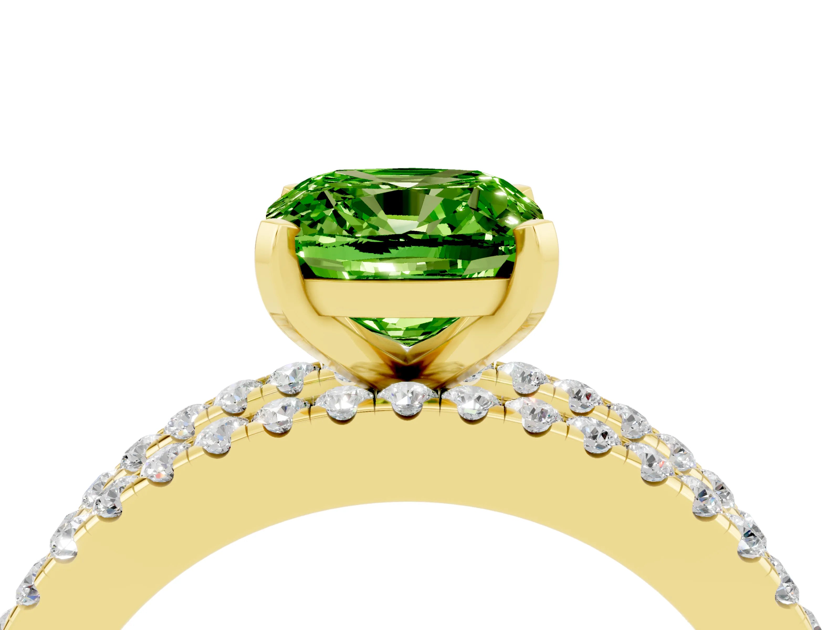 Yellow gold Cushion Cut Peridot Solitaire Ring with Pavé and Channel Set Band_4