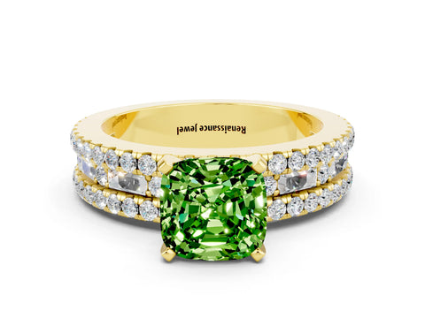 Yellow gold Cushion Cut Peridot Solitaire Ring with Pavé and Channel Set Band