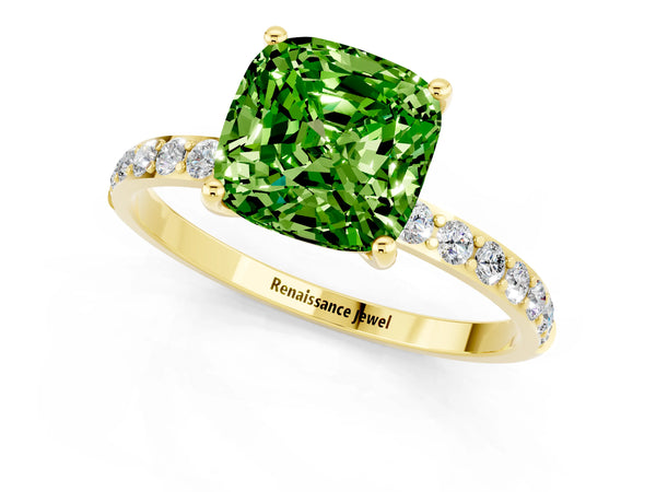 Yellow gold Cushion Cut Peridot Solitaire Ring with Round  Pavé Band and Prong Setting