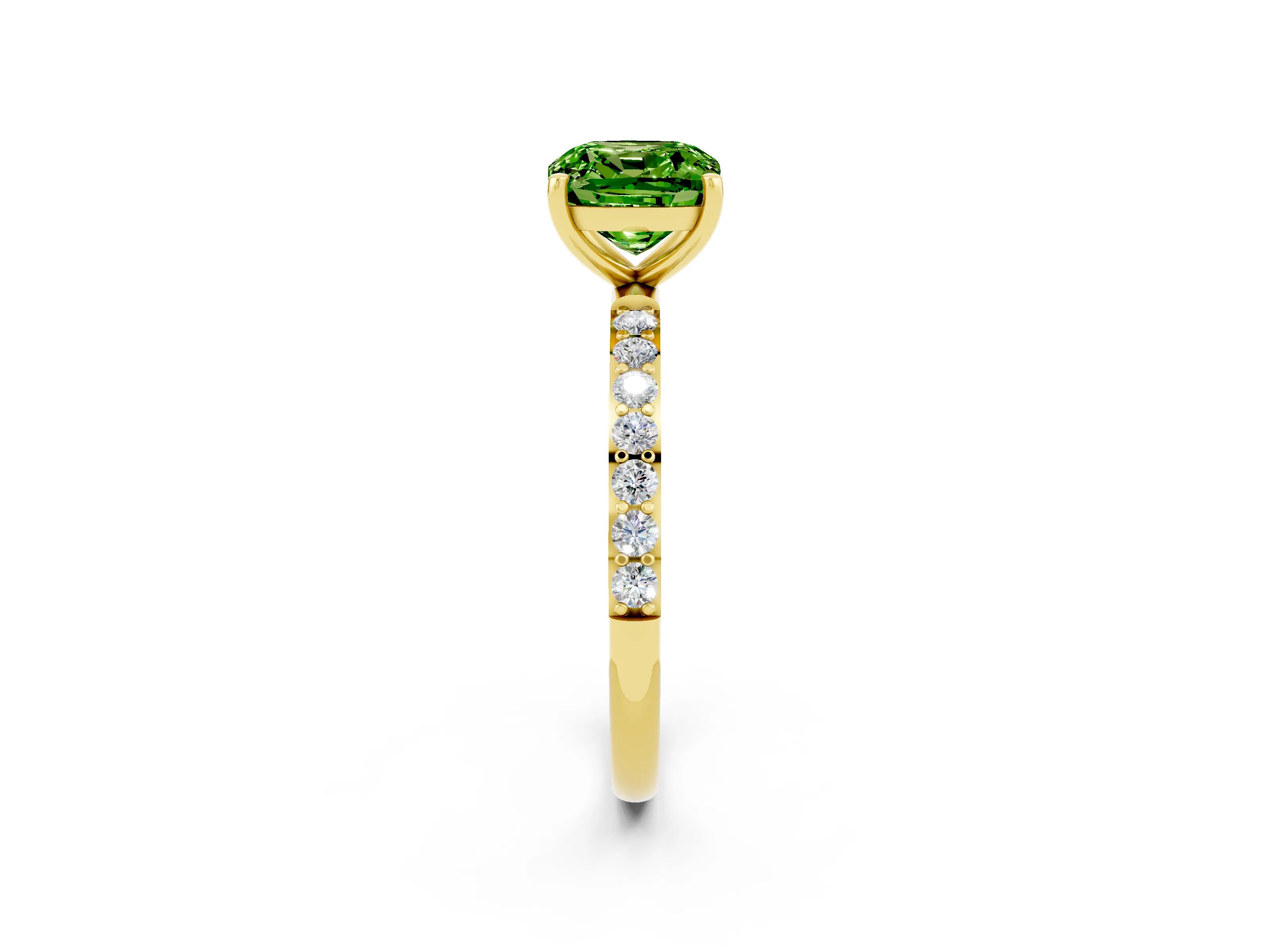 Yellow gold Cushion Cut Peridot Solitaire Ring with Pave Band and Four Prong Setting_26