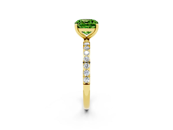 Yellow gold Cushion Cut Peridot Solitaire Ring with Round  Pavé Band and Prong Setting