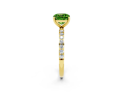 Yellow gold Cushion Cut Peridot Solitaire Ring with Pave Band and Four Prong Setting_26