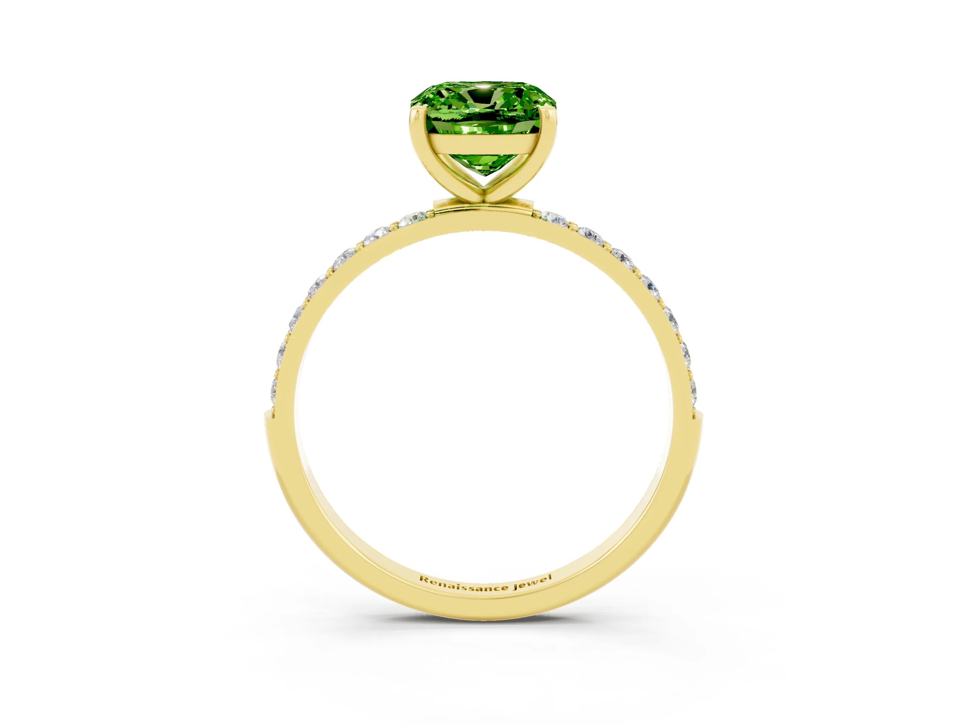 Yellow gold Cushion Cut Peridot Solitaire Ring with Pave Band and Four Prong Setting_27