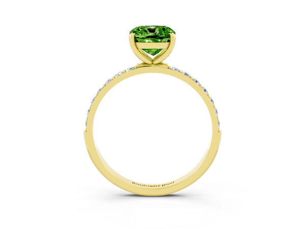 Yellow gold Cushion Cut Peridot Solitaire Ring with Round  Pavé Band and Prong Setting