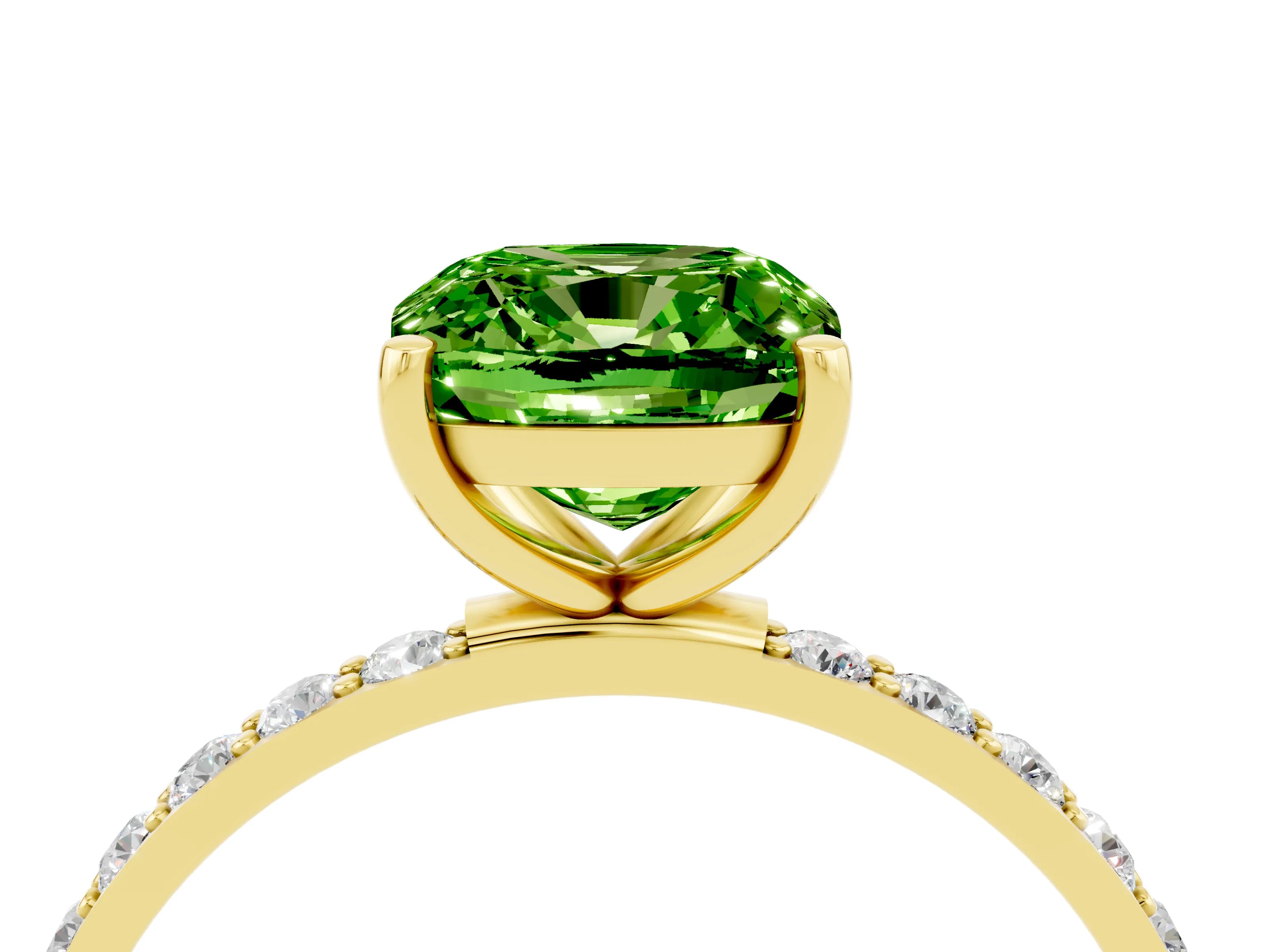 Yellow gold Cushion Cut Peridot Solitaire Ring with Pave Band and Four Prong Setting_28