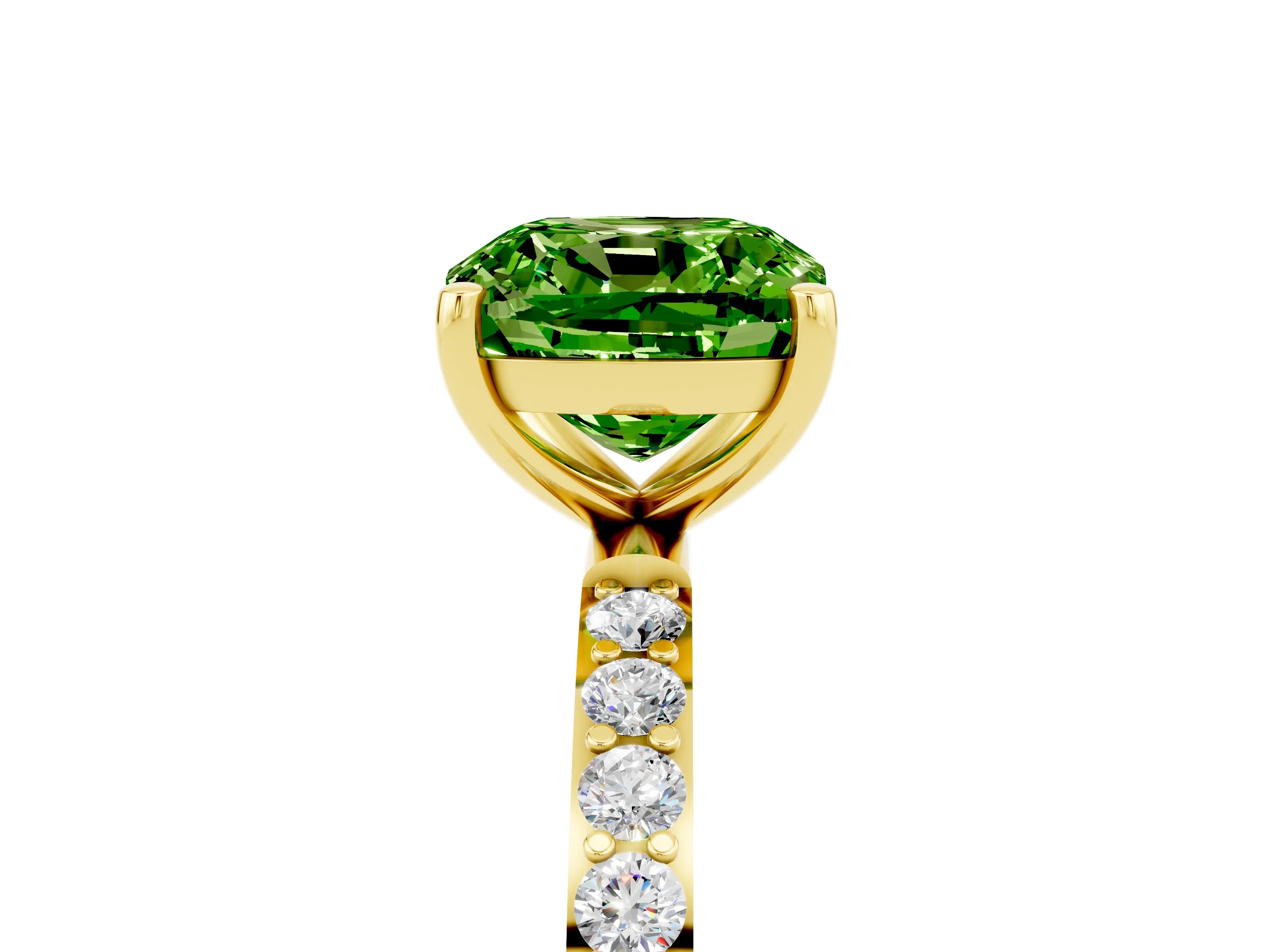 Yellow gold Cushion Cut Peridot Solitaire Ring with Pave Band and Four Prong Setting_29
