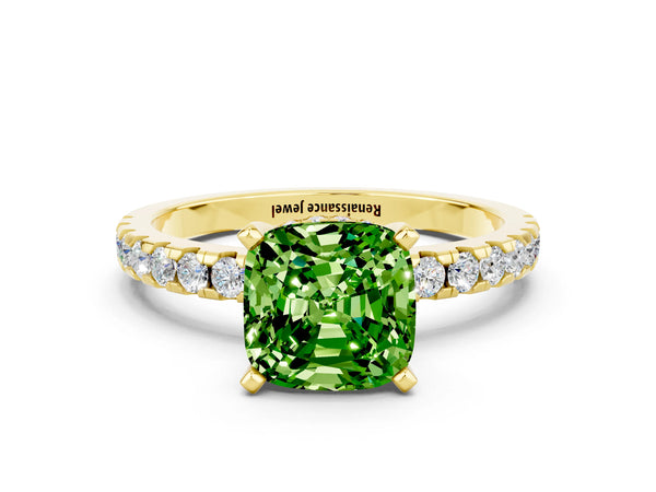 Yellow gold Cushion Cut Peridot Solitaire Ring with Round  Pavé Band and Four-Prong Setting
