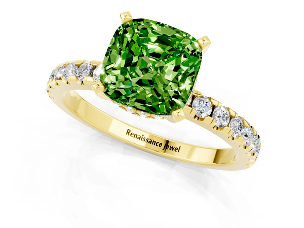 Yellow gold Cushion Cut Peridot Solitaire Ring with Round  Pavé Band and Four-Prong Setting