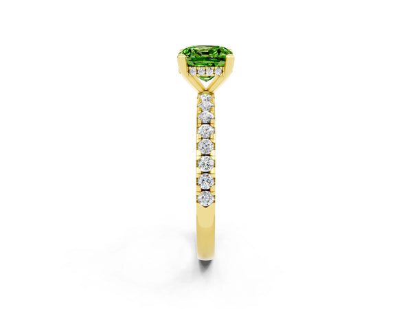 Yellow gold Cushion Cut Peridot Solitaire Ring with Round  Pavé Band and Four-Prong Setting