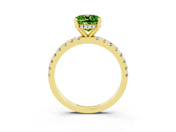 Yellow gold Cushion Cut Peridot Solitaire Ring with Round  Pavé Band and Four-Prong Setting