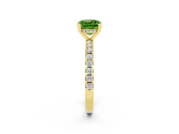Yellow gold Cushion Cut Peridot Solitaire Ring with Round Pavé Band and Four-Prong Setting