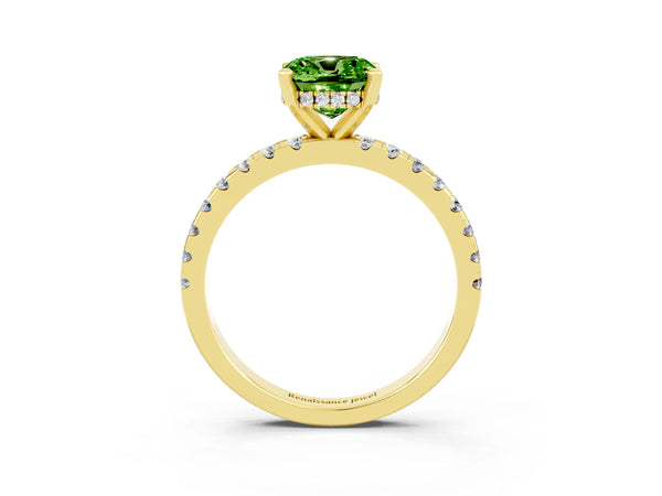 Yellow gold Cushion Cut Peridot Solitaire Ring with Round Pavé Band and Four-Prong Setting