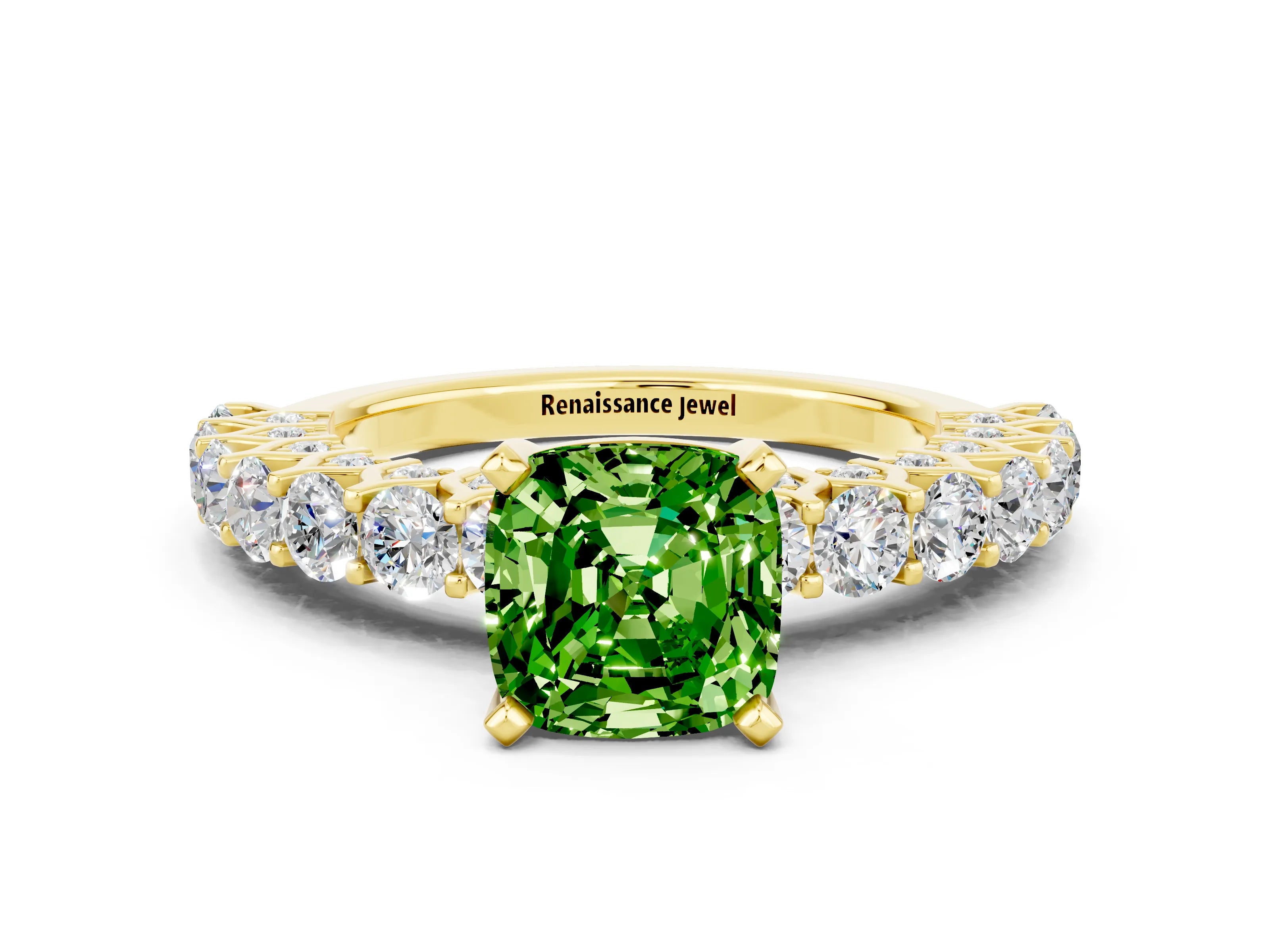 Yellow gold Cushion Cut Peridot Solitaire Ring with Shared Prong Pavé Band and Four-Prong Setting