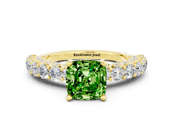 Yellow gold Cushion Cut Peridot Solitaire Ring with Shared Prong Pavé Band and Four-Prong Setting