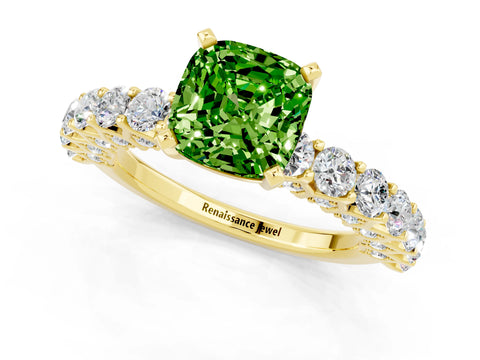 Yellow gold Cushion Cut Peridot Solitaire Ring with Shared Prong Pavé Band and Four-Prong Setting_1