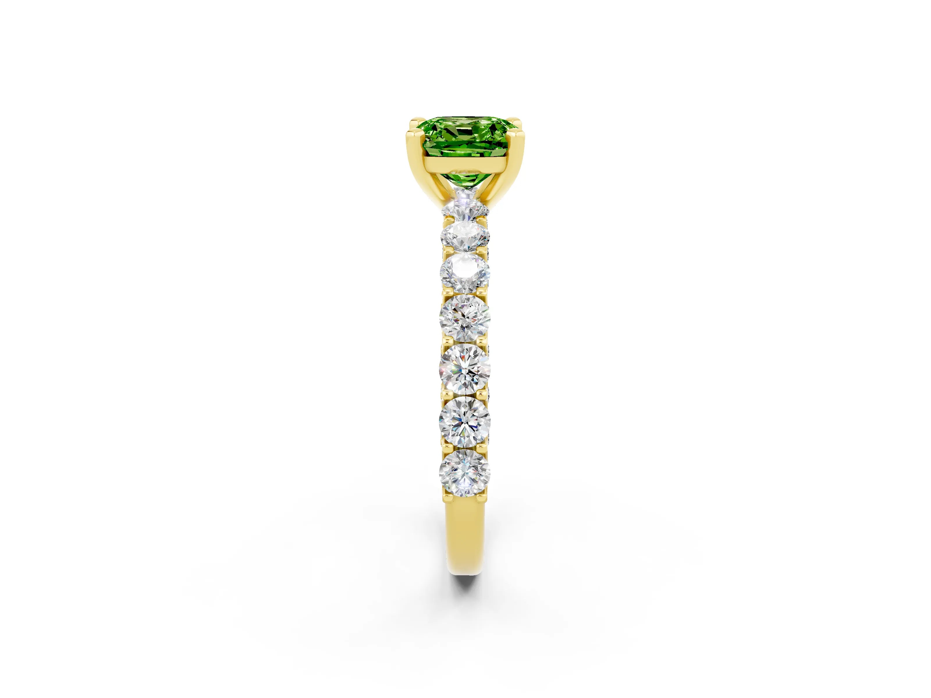 Yellow gold Cushion Cut Peridot Solitaire Ring with Shared Prong Pavé Band and Four-Prong Setting_2