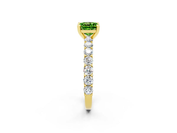 Yellow gold Cushion Cut Peridot Solitaire Ring with Shared Prong Pavé Band and Four-Prong Setting