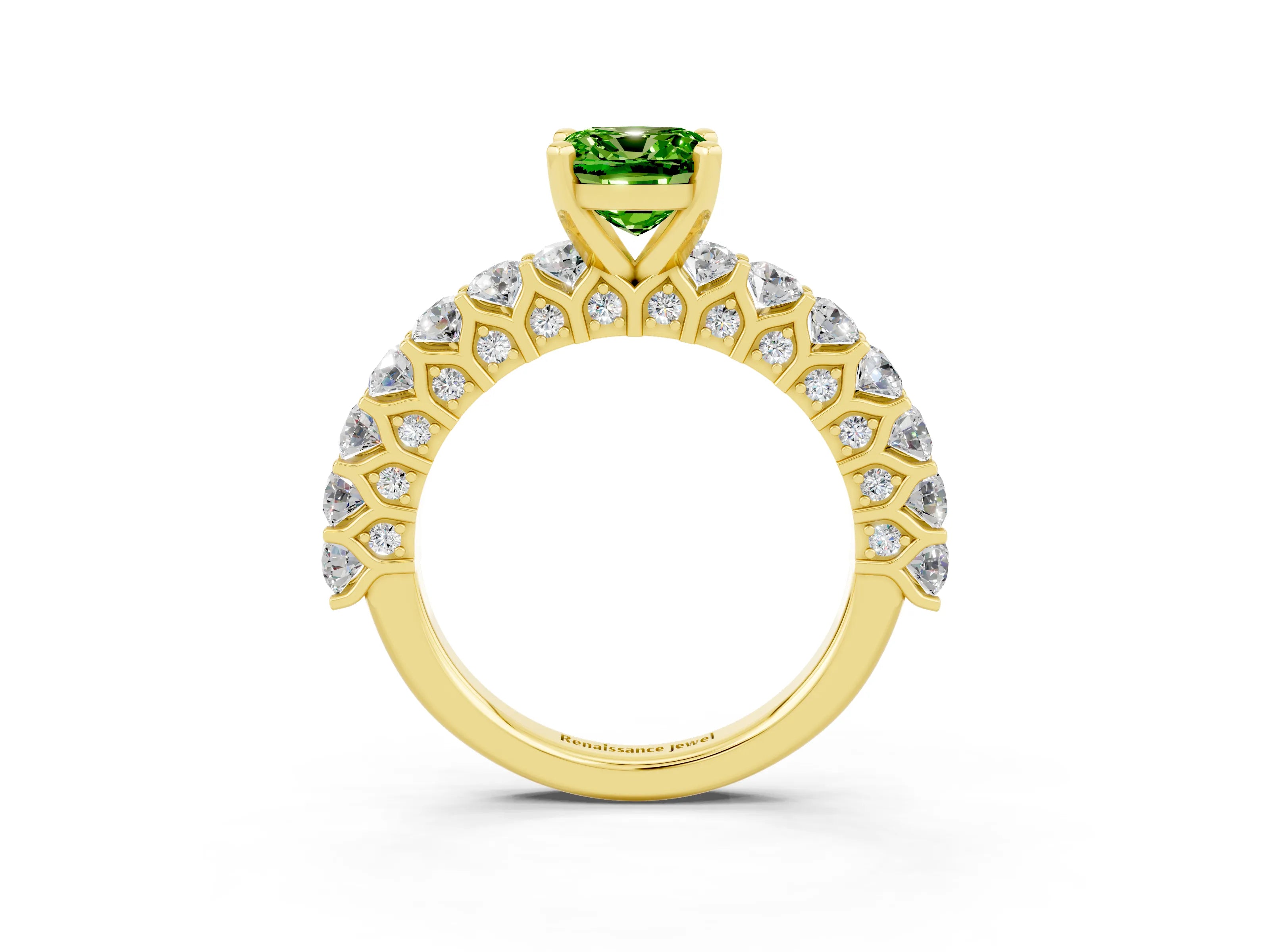 Yellow gold Cushion Cut Peridot Solitaire Ring with Shared Prong Pavé Band and Four-Prong Setting_3