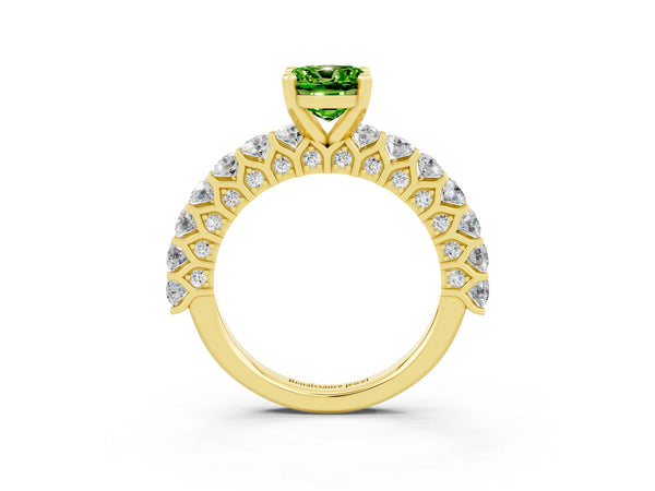 Yellow gold Cushion Cut Peridot Solitaire Ring with Shared Prong Pavé Band and Four-Prong Setting