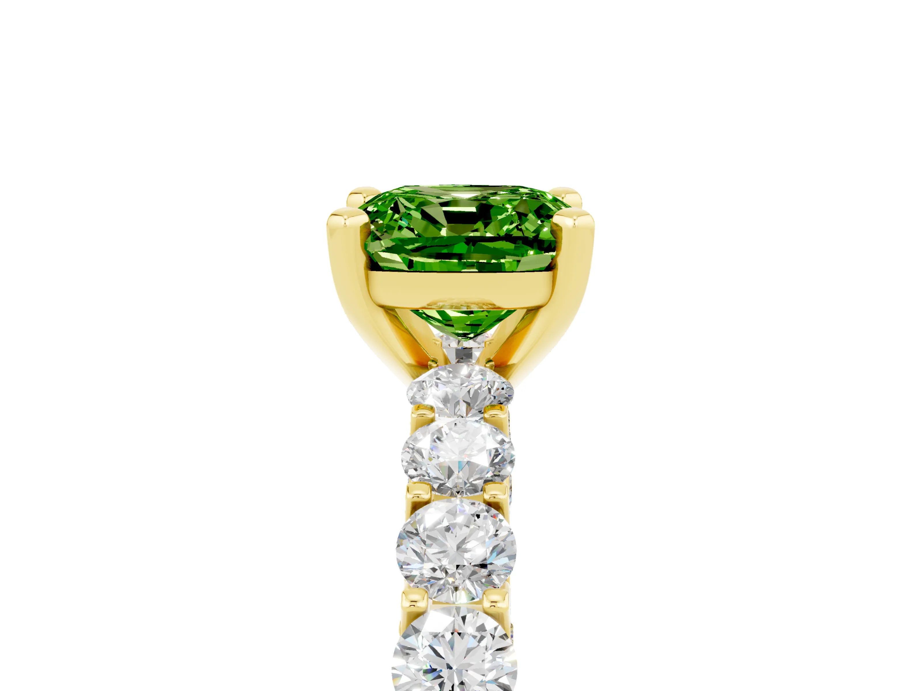 Yellow gold Cushion Cut Peridot Solitaire Ring with Shared Prong Pavé Band and Four-Prong Setting_5