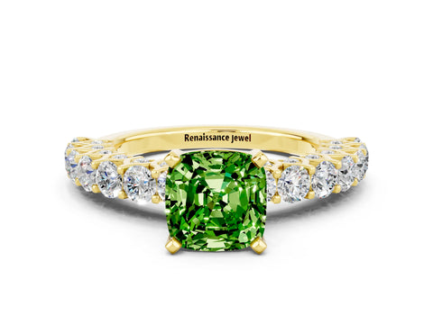 Yellow gold Cushion Cut Peridot Solitaire Ring with Shared Prong Pavé Band and Four-Prong Setting