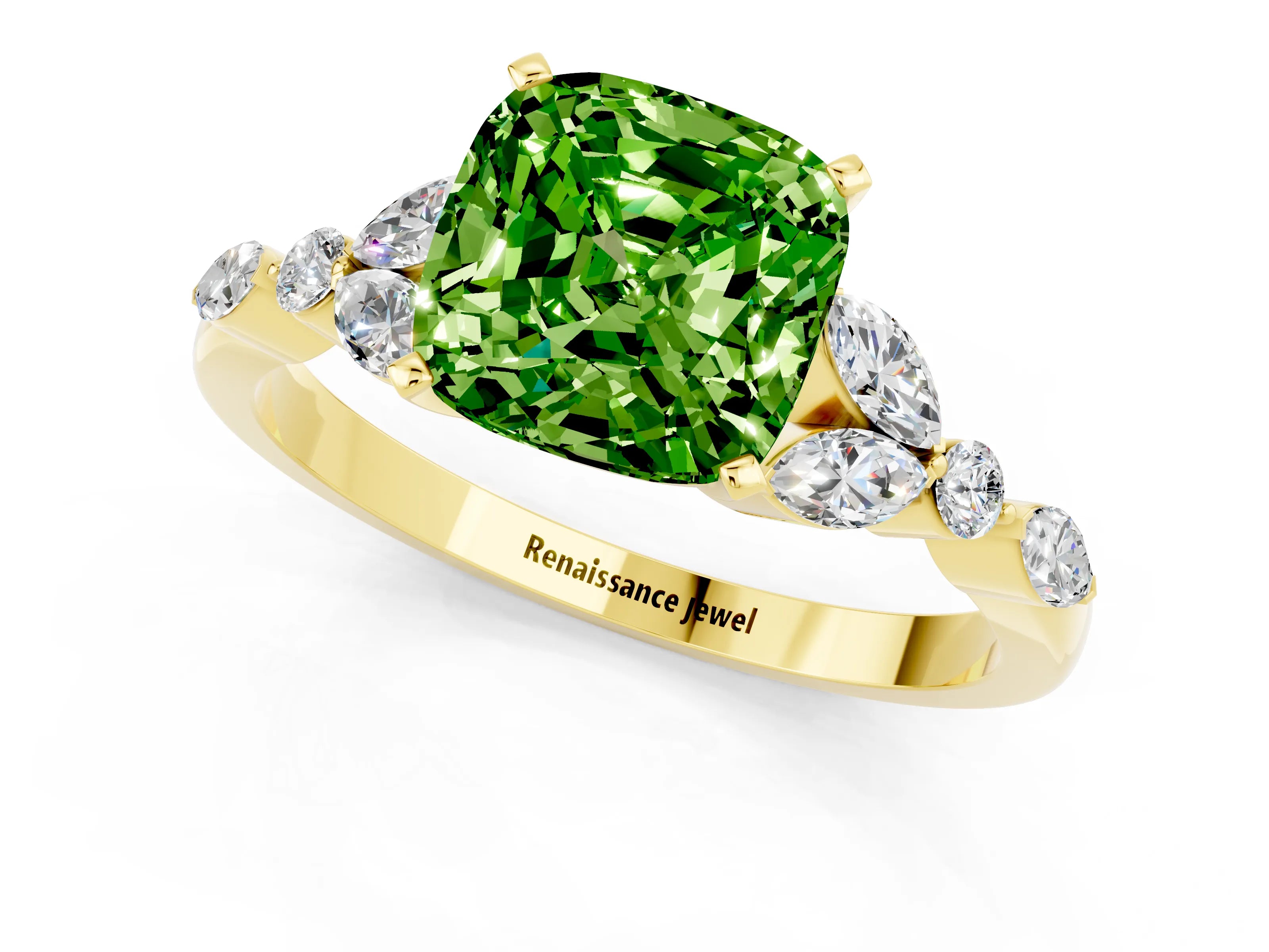 Yellow gold Cushion Cut Peridot Solitaire Ring with Side Stones and Four-Prong Setting_13