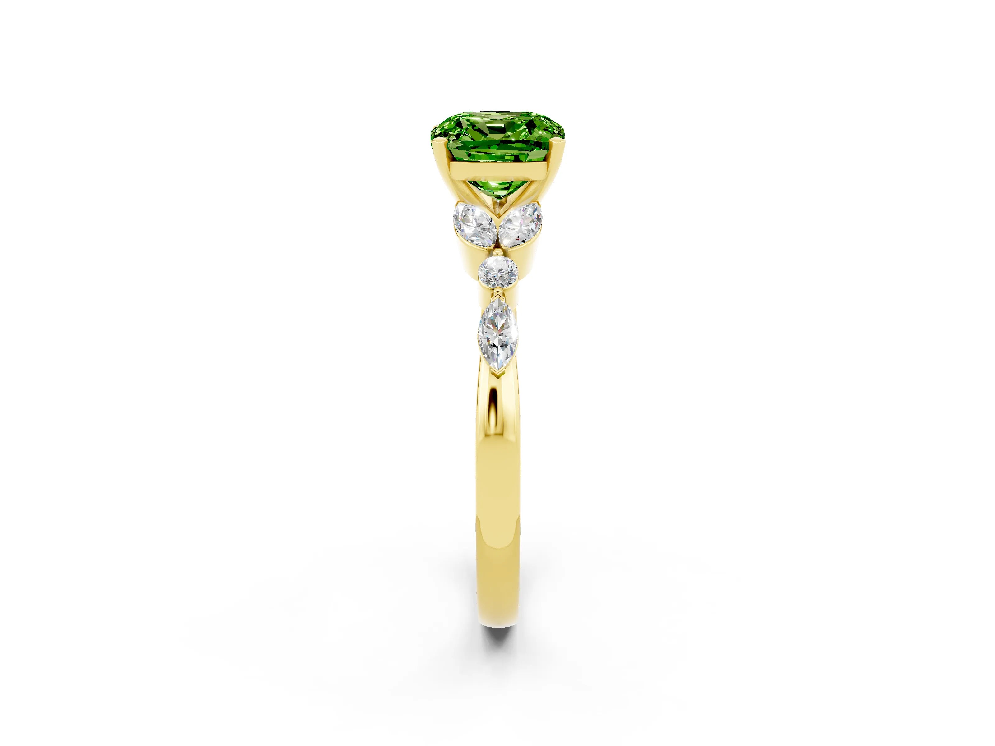 Yellow gold Cushion Cut Peridot Solitaire Ring with Side Stones and Four-Prong Setting_14