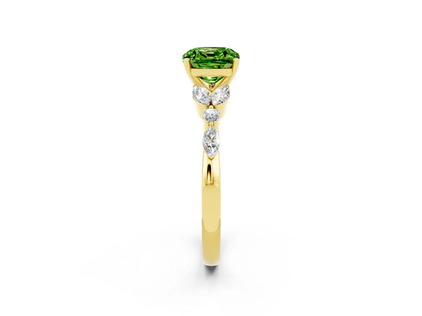 Yellow gold Cushion Cut Peridot Solitaire Ring with Side Stones and Four-Prong Setting