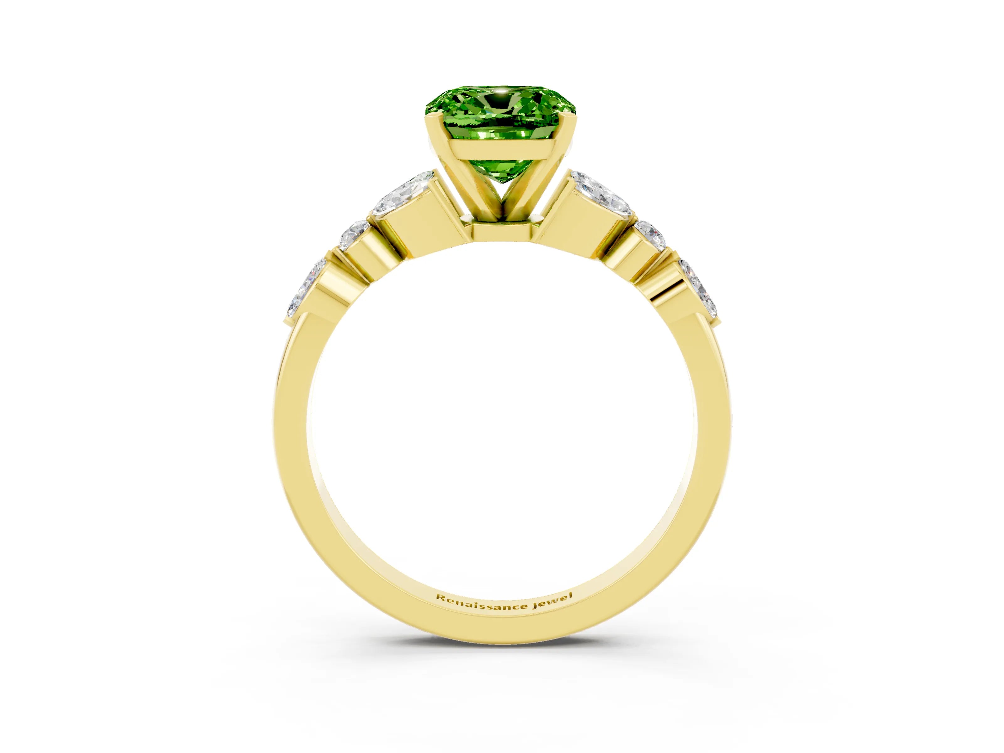 Yellow gold Cushion Cut Peridot Solitaire Ring with Side Stones and Four-Prong Setting_15