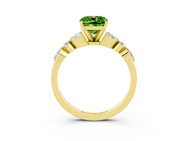 Yellow gold Cushion Cut Peridot Solitaire Ring with Side Stones and Four-Prong Setting