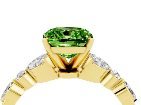 Yellow gold Cushion Cut Peridot Solitaire Ring with Side Stones and Four-Prong Setting_16