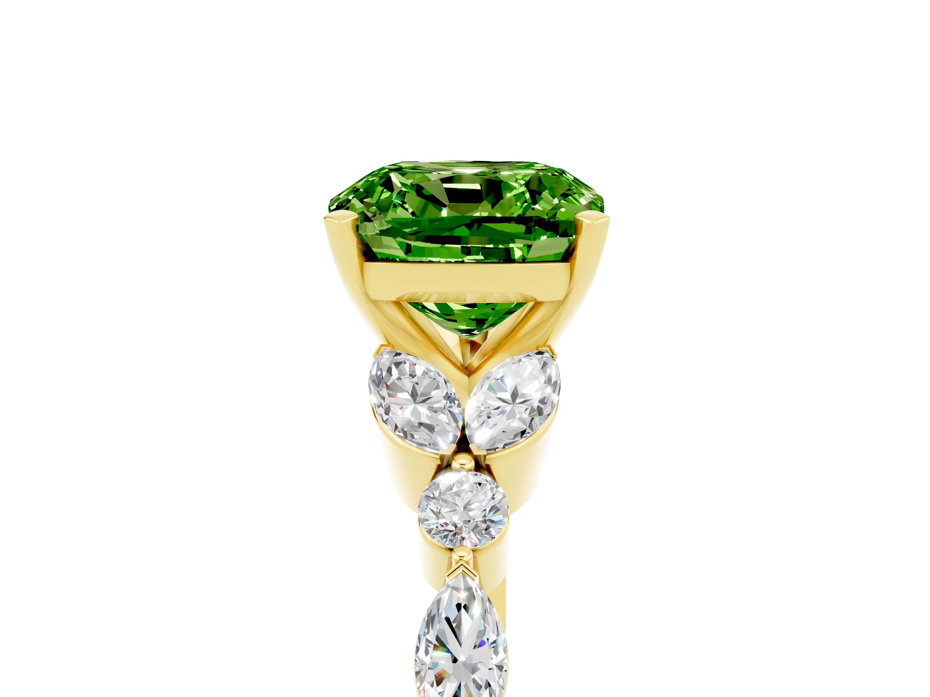 Yellow gold Cushion Cut Peridot Solitaire Ring with Side Stones and Four-Prong Setting_17