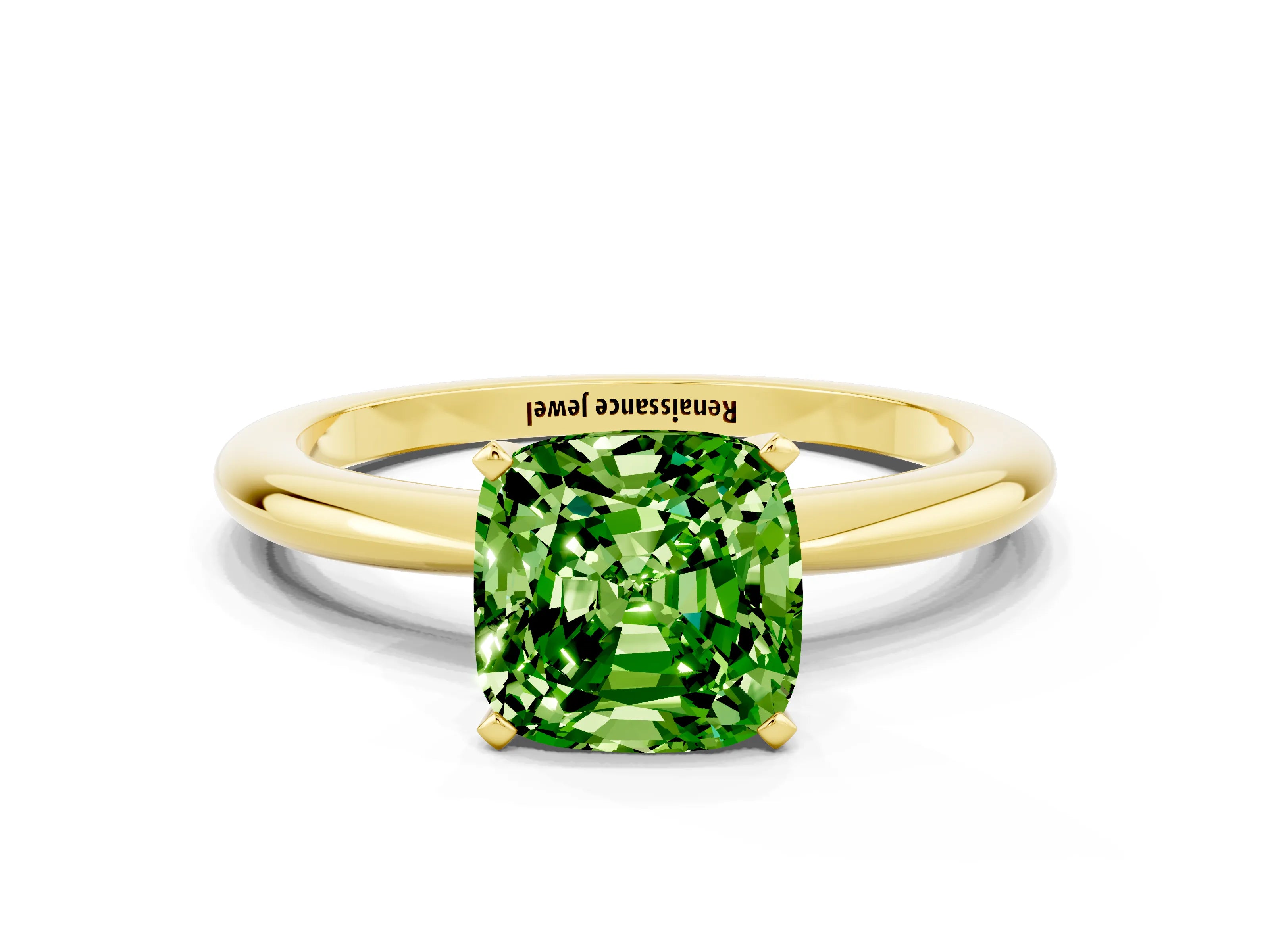 Yellow gold Cushion Cut Peridot Solitaire Ring with Six-Prong Setting and Classic Band