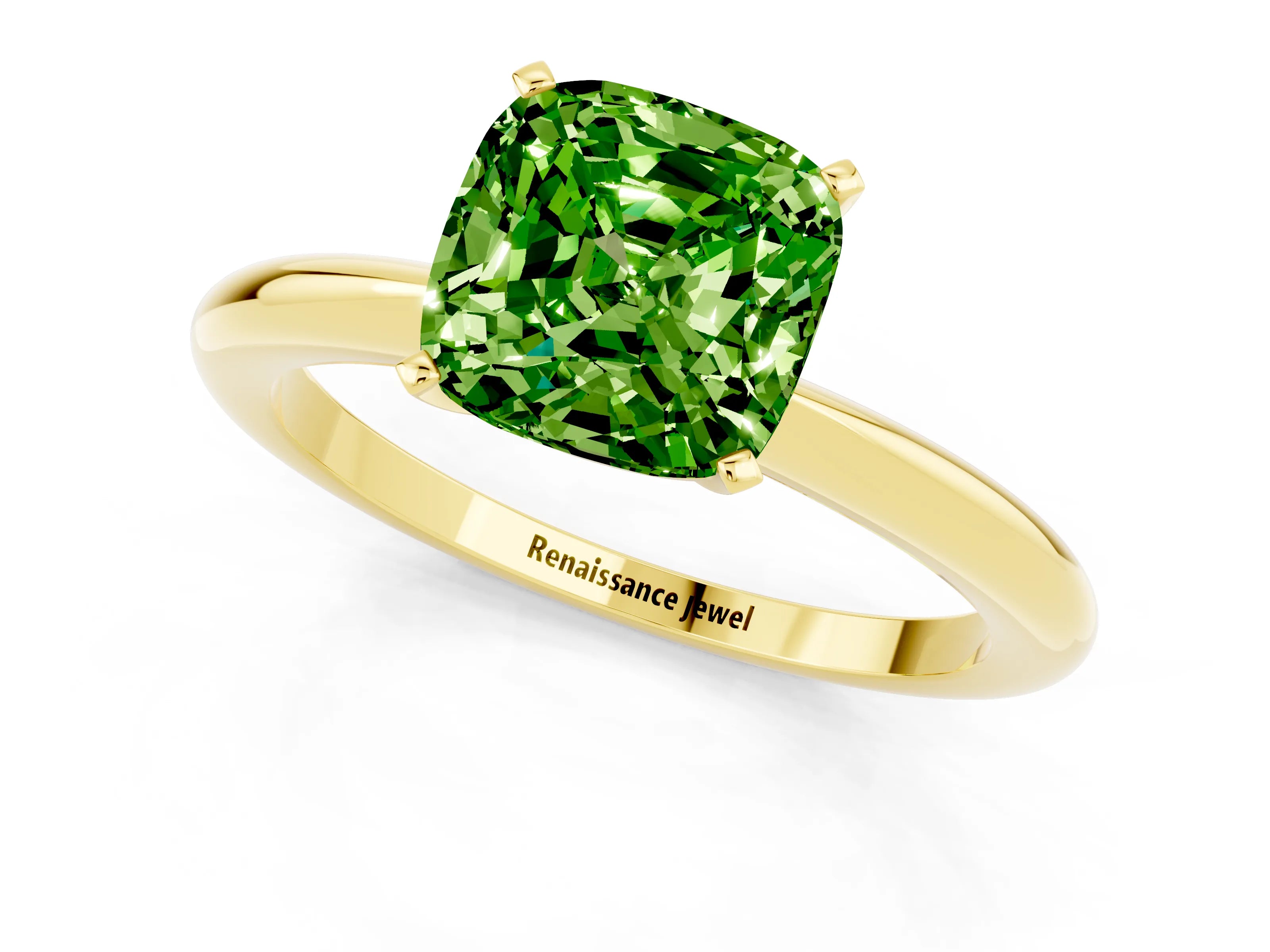 Yellow gold Cushion Cut Peridot Solitaire Ring with Six-Prong Setting and Classic Band_1