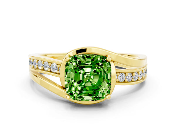 Yellow gold Cushion Cut Peridot Solitaire Ring with Split Shank and Prong Setting