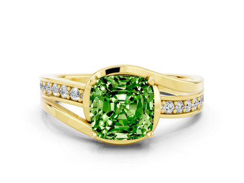 Yellow gold Cushion Cut Peridot Solitaire Ring with Split Shank and Prong Setting