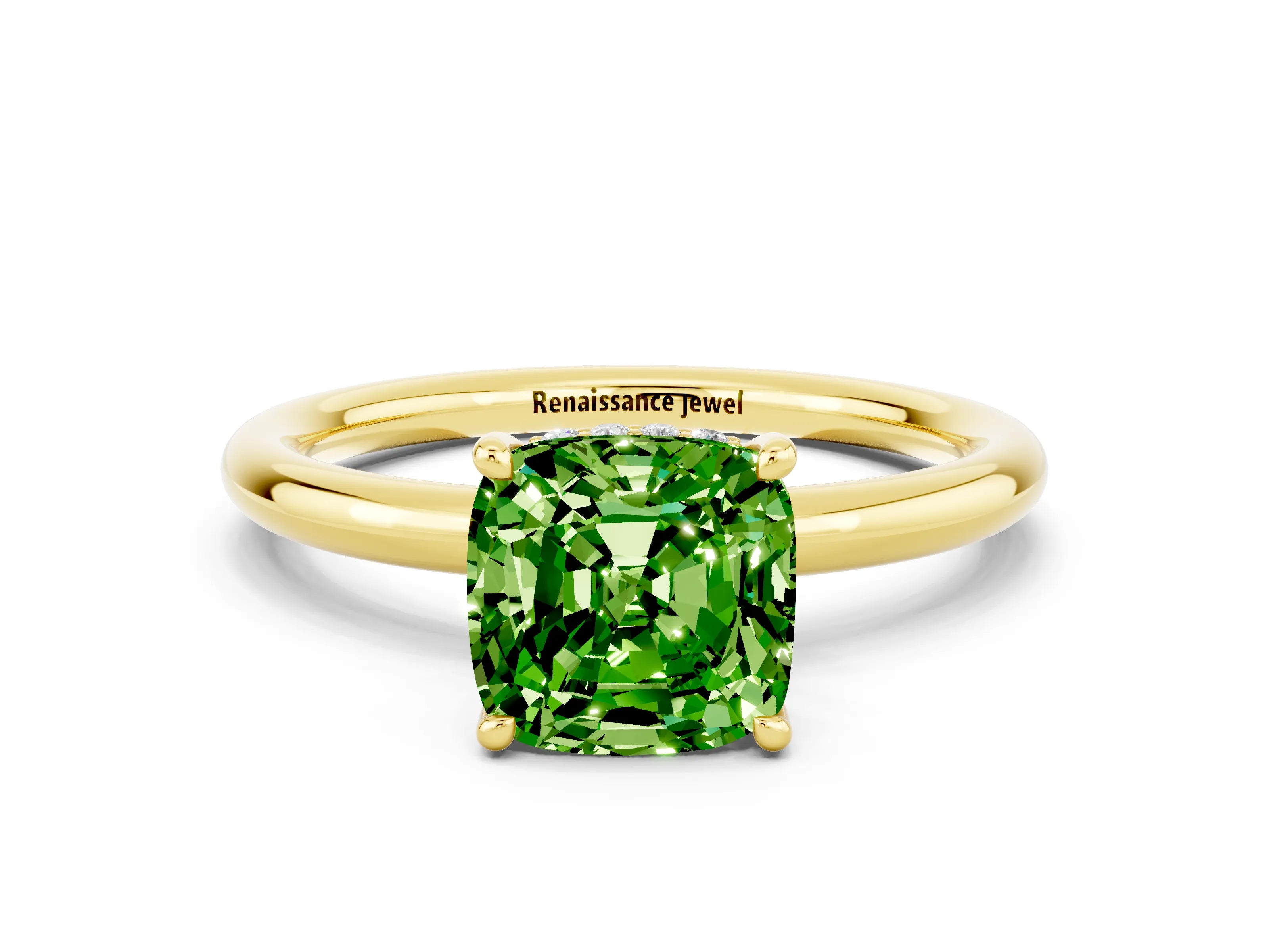 Yellow gold Cushion Cut Peridot Solitaire Ring with Thin Band and Four-Prong Setting