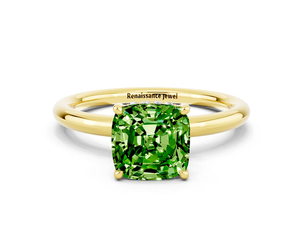 Yellow gold Cushion Cut Peridot Solitaire Ring with Thin Band and Four-Prong Setting
