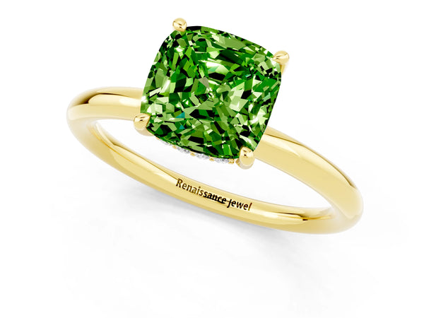 Yellow gold Cushion Cut Peridot Solitaire Ring with Thin Band and Four-Prong Setting