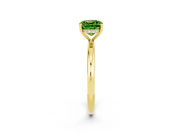 Yellow gold Cushion Cut Peridot Solitaire Ring with Thin Band and Four-Prong Setting