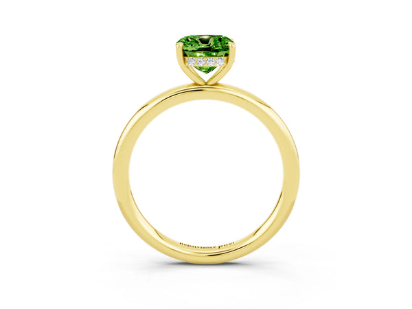 Yellow gold Cushion Cut Peridot Solitaire Ring with Thin Band and Four-Prong Setting