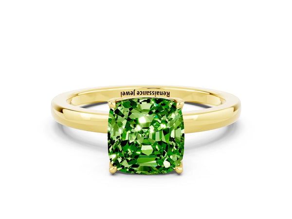 Yellow gold Cushion Cut Peridot Solitaire Ring with Thin Band and Prong Setting
