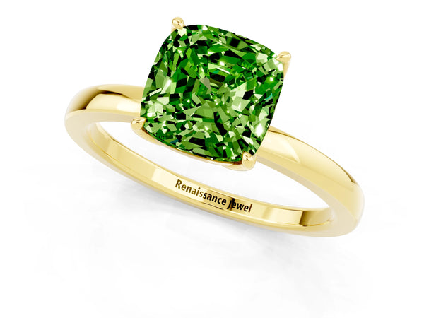 Yellow gold Cushion Cut Peridot Solitaire Ring with Thin Band and Prong Setting