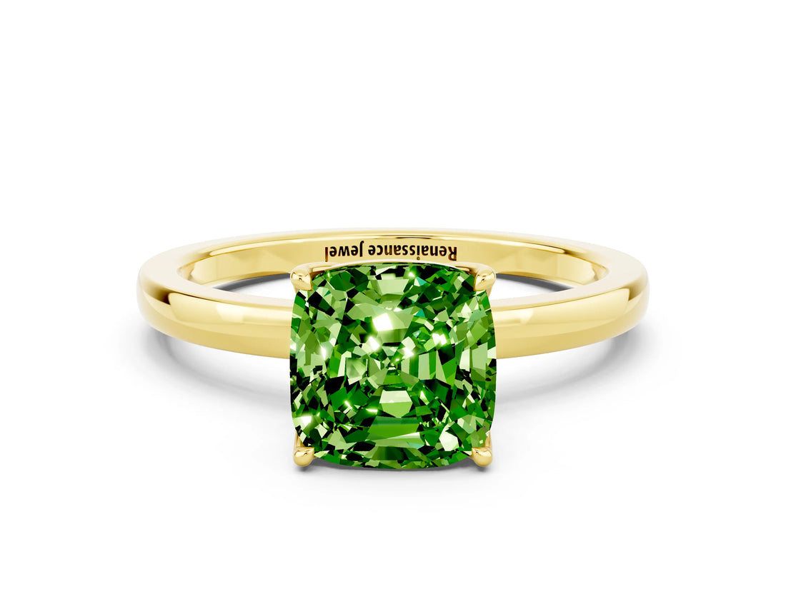 Yellow gold Cushion Cut Peridot Solitaire Ring with Thin Band and Prong Setting_24