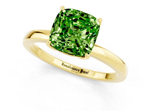 Yellow gold Cushion Cut Peridot Solitaire Ring with Thin Band and Prong Setting