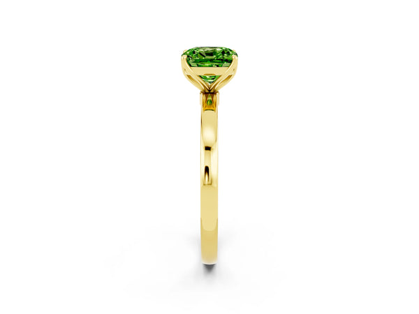 Yellow gold Cushion Cut Peridot Solitaire Ring with Thin Band and Prong Setting