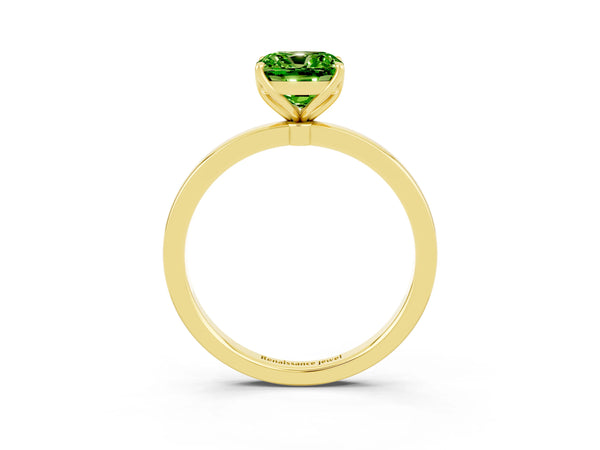 Yellow gold Cushion Cut Peridot Solitaire Ring with Thin Band and Prong Setting