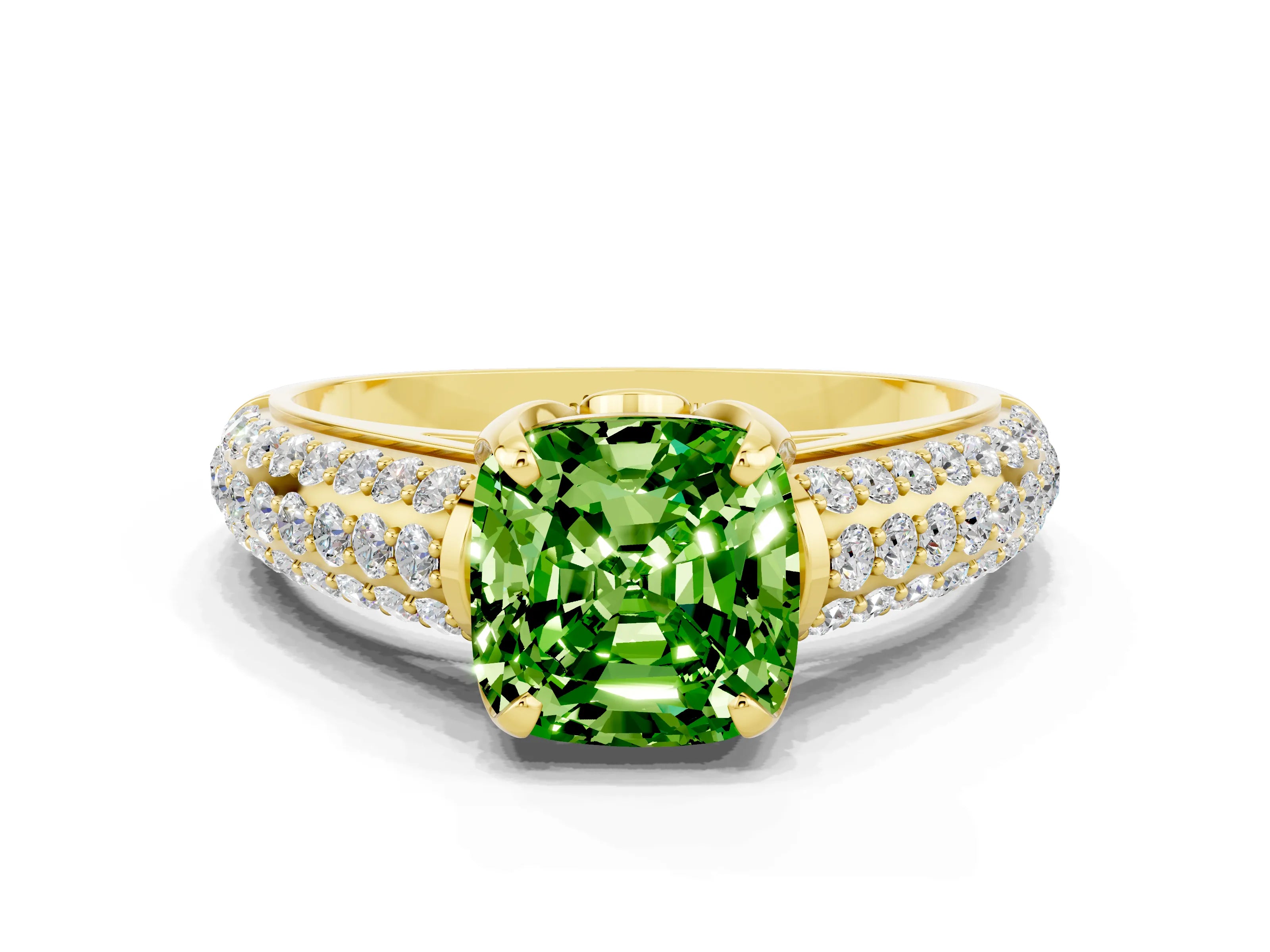 Yellow gold Cushion Cut Peridot Solitaire Ring with Three-Row Pavé Band and Four-Prong Setting_12
