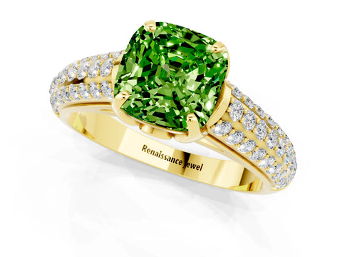 Yellow gold Cushion Cut Peridot Solitaire Ring with Three-Row Pavé Band and Four-Prong Setting_13